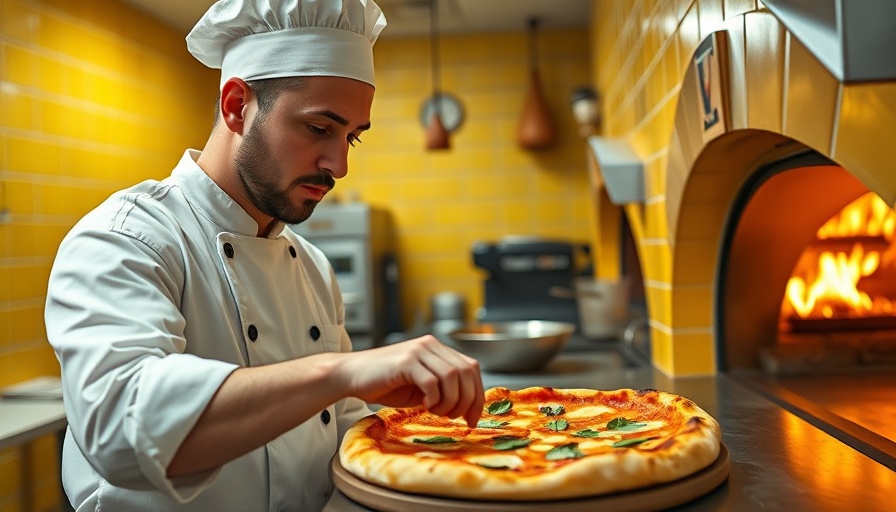 Chef making pizza at a pizzeria near Oakland Ballers field.