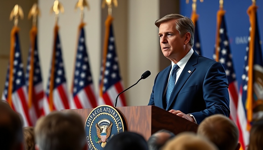 Man at podium discussing national security threats, flags behind.