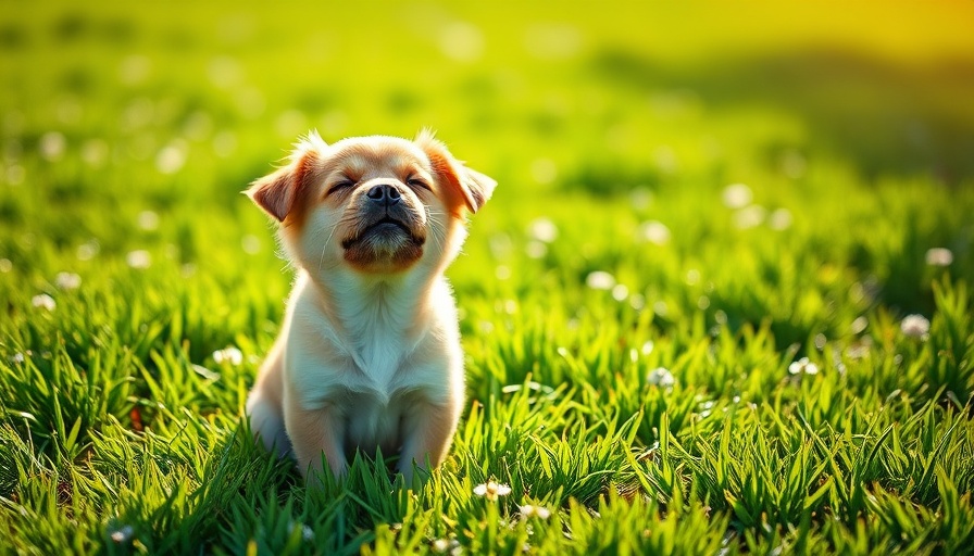 Small dog enjoying the sun on lush green lawn.