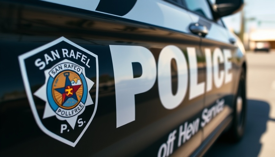 San Rafael Police car door close-up with logo for local news today.