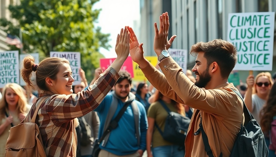 Youth climate lawsuit protest with high-fiving participants.