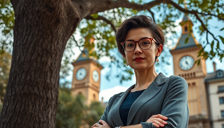 Confident woman near urban clock tower, federal workers reinstatement news.