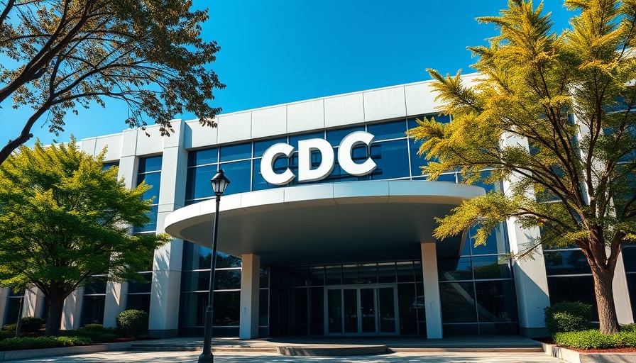 CDC building entrance with sign, sunny day, CDC departures