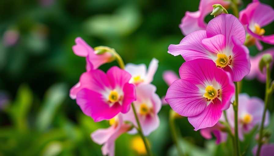 Vibrant sweet peas in bloom against a green background