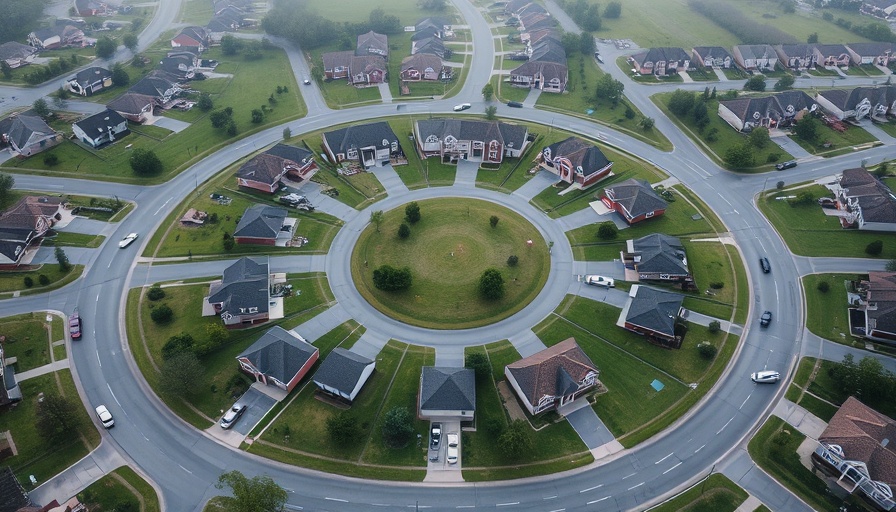 Aerial view of suburban neighborhood with family compound living.