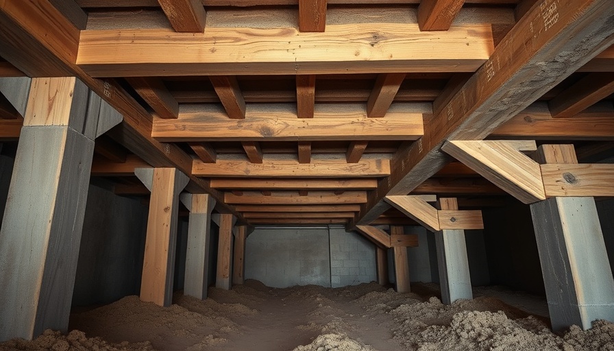 Detailed view of crawl space maintenance with wooden beams.