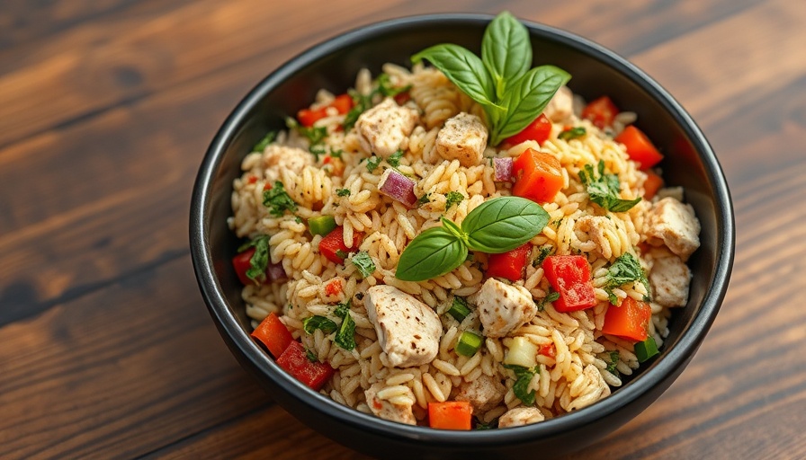 Colorful Chicken Orzo Salad Recipe in a dark bowl with fresh ingredients.