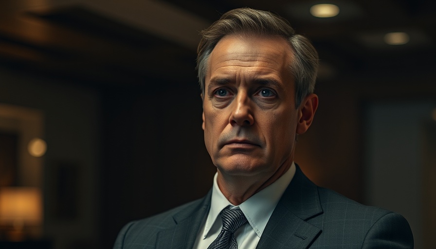 Thoughtful man in a suit, dimly lit setting, gazing ahead.