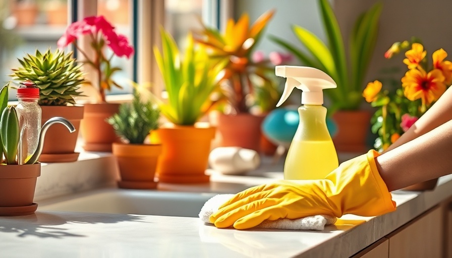Person cleaning a counter with plants, demonstrating benefits of a clean home.