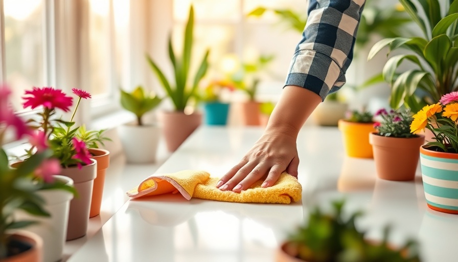 Person cleaning surface with colorful flowers, benefits of a clean home.