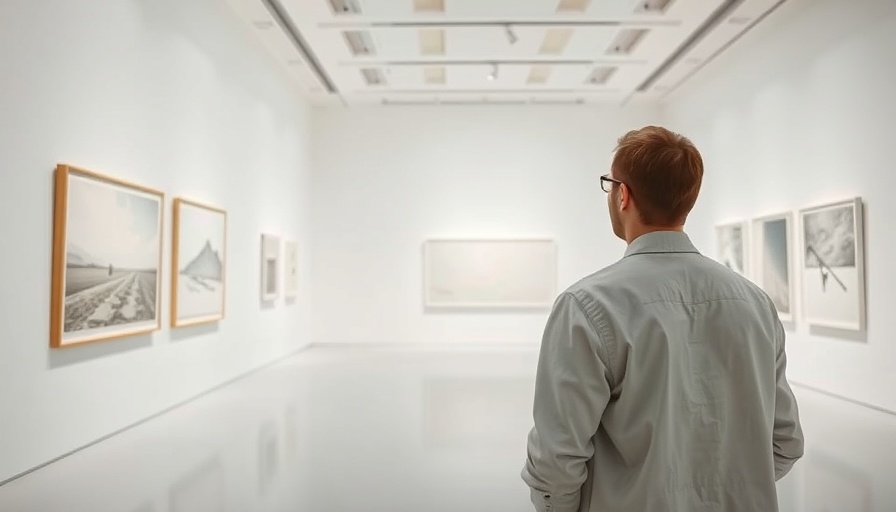 Visitor in a Chicago art gallery viewing minimalist art, showcasing the Chicago Art Scene.