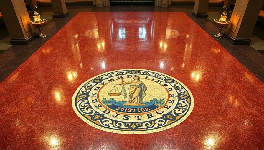 Mosaic of Marin County Superior Court emblem on terrazzo floor.