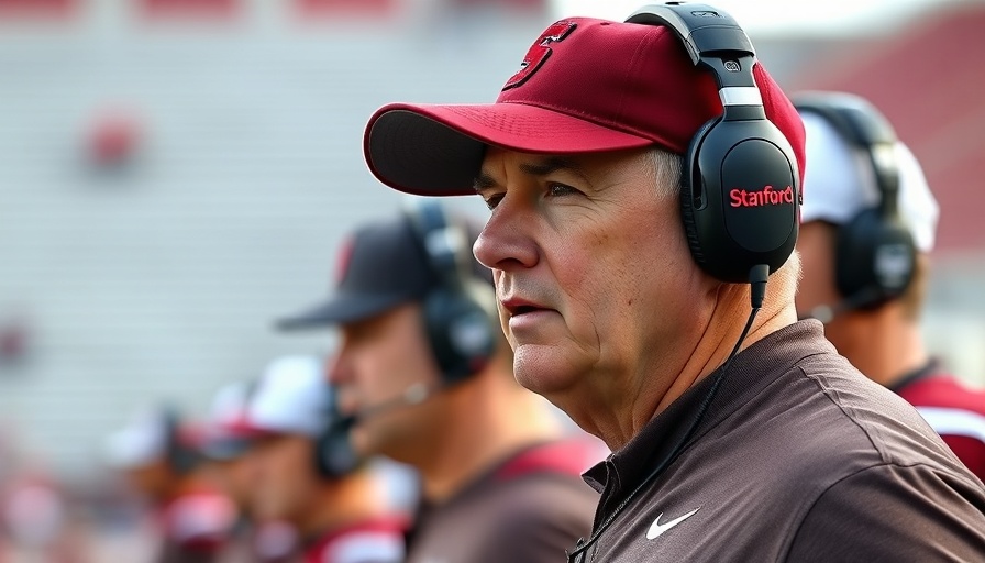 Stanford football coach talking to staff on the sidelines.