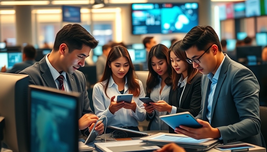 Business professionals engaging with technology in a modern office.