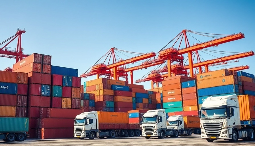 Container shipping port with trucks under clear skies
