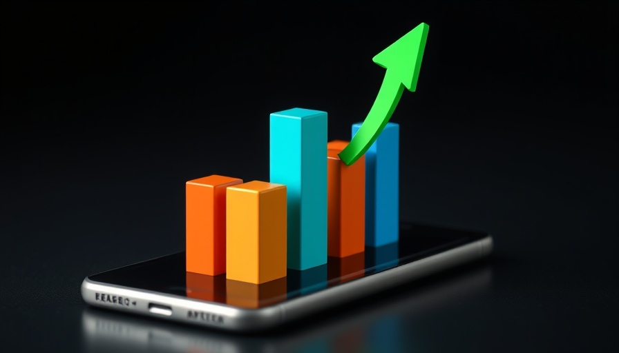 3D bar graph rising from smartphone, stock market news theme.
