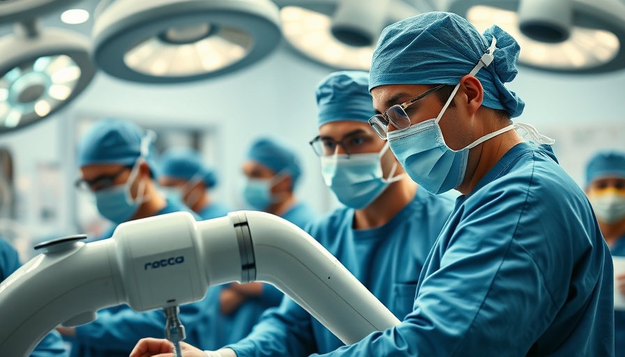 Skilled surgeons operating robotic arm in busy operating room.