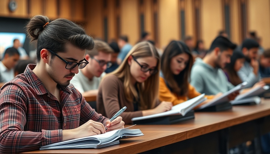 Students focused on writing in university lecture hall