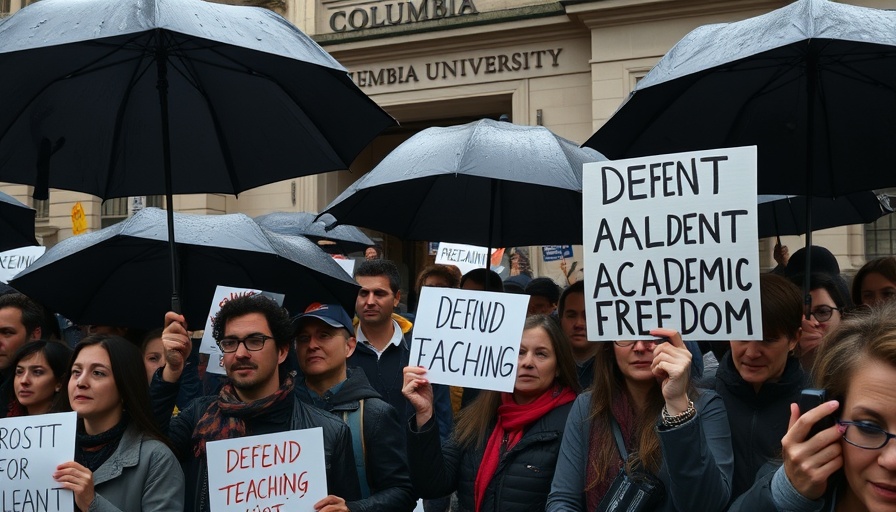 Protestors at Columbia University holding signs in the rain.
