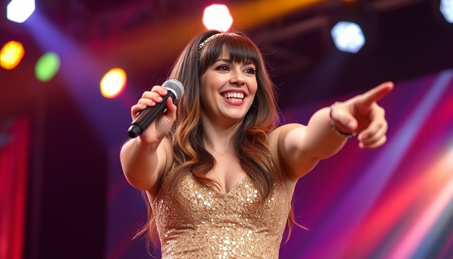 Smiling woman energetically performing on stage with a microphone.