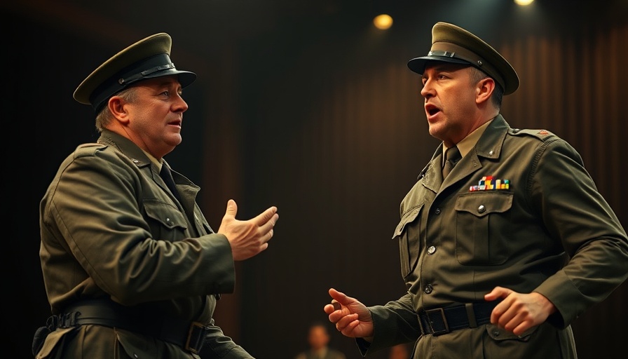 Broadway actors in military uniforms on stage expressing emotions in a theater scene.