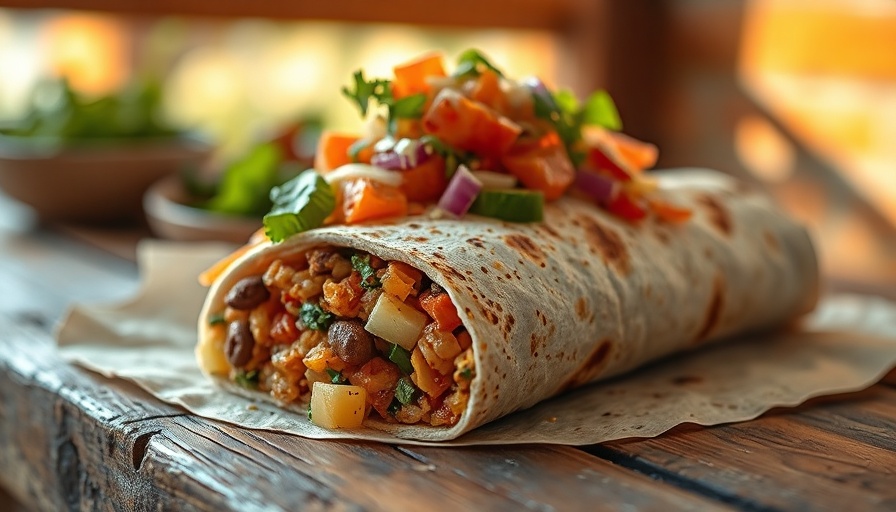 Colorful Sonoran burrito in Marin on rustic table.