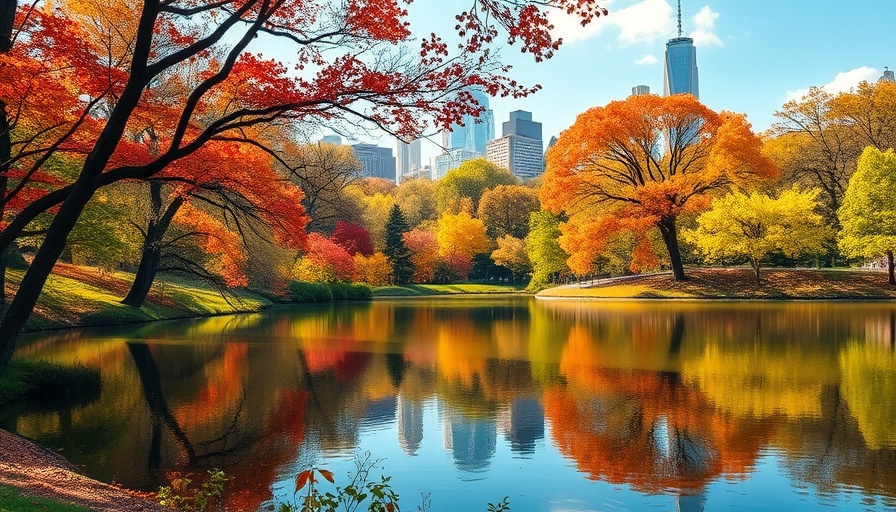 Central Park autumn view, New York skyline reflection.