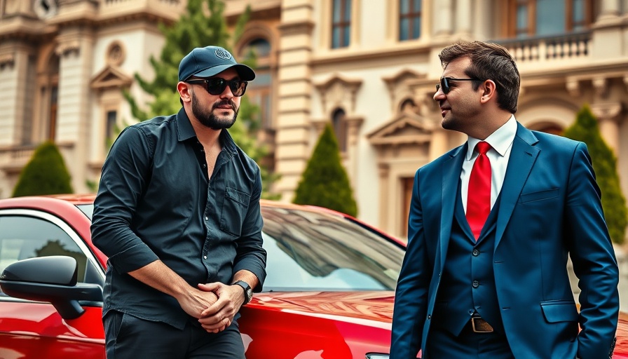 Two individuals in discussion near a red car, outdoors.
