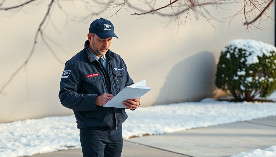 USPS privatization: Postal worker examining mail on snowy day.