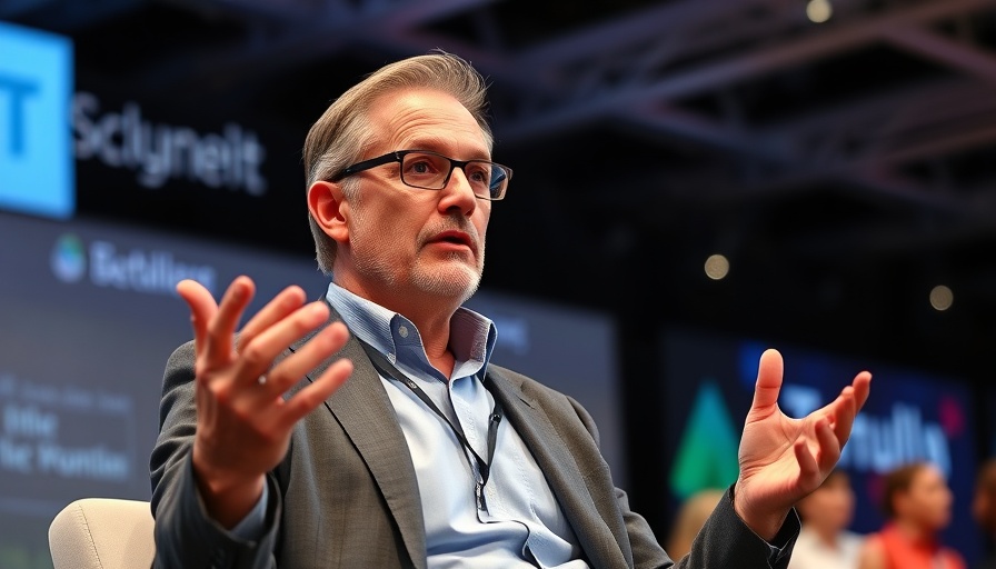Middle-aged man discussing national debt concerns at tech event.