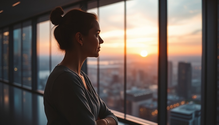 Woman in office overlooking city at sunset, highlighting women's health in the workplace.
