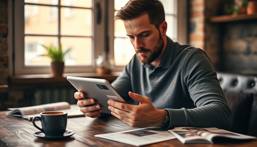 Person reading AI-generated local newsletters on a tablet, with coffee nearby.