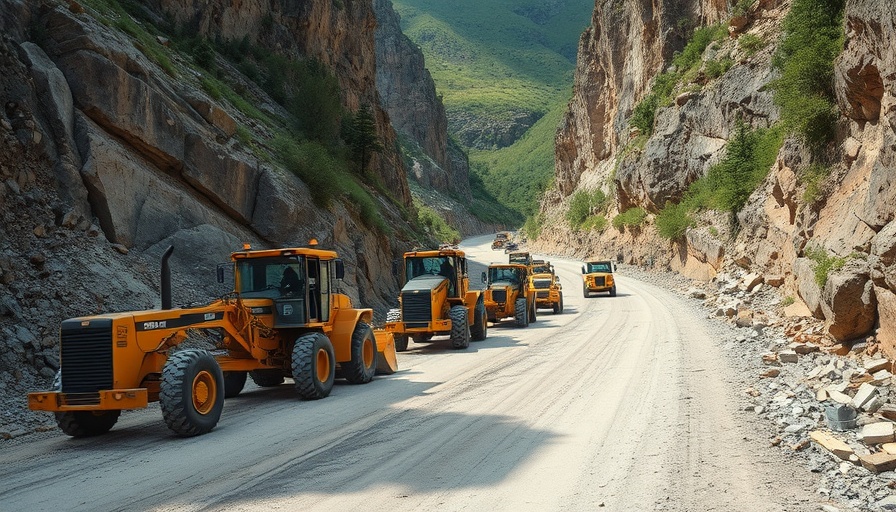 Road repair after Yosemite rockslide reopening with construction vehicles.