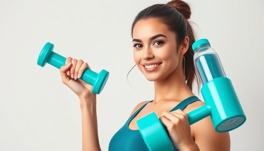 Woman holding dumbbells and bottle, white background.