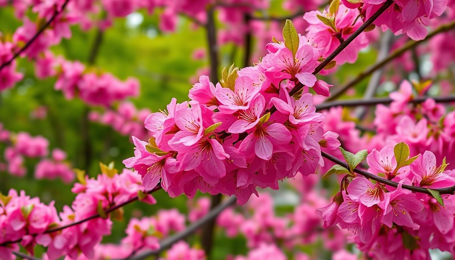 Dense pink blossoms of a redbud tree, showcasing spring growth.