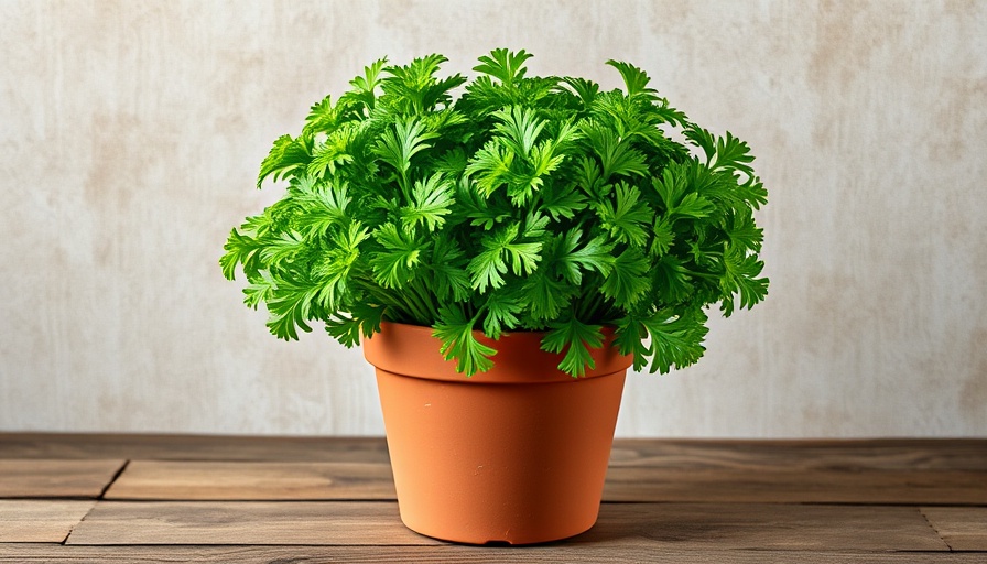 Thriving parsley plant in a container on rustic wood surface.