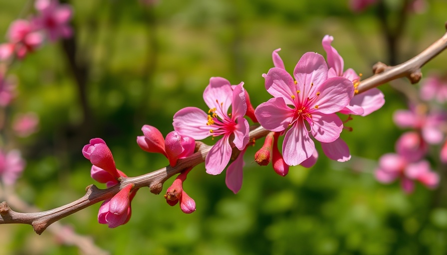 Close-up of redbud tree flowers and seed pods for propagation.