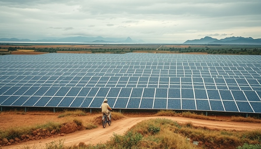 Vast solar panel field in Indonesia with cyclist, promoting clean energy projects.
