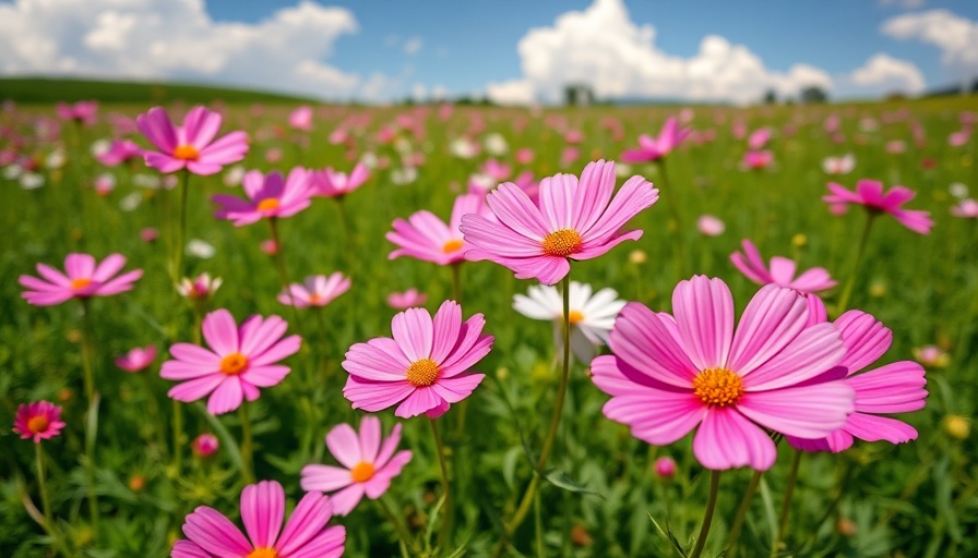 Vibrant cosmos flowers in a field under a bright blue sky.