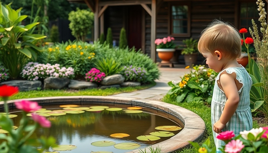 Lush garden in East Vancouver with child exploring pond.