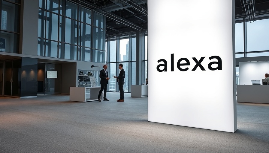 Modern exhibition space with 'alexa' sign, city view, business startup funding.