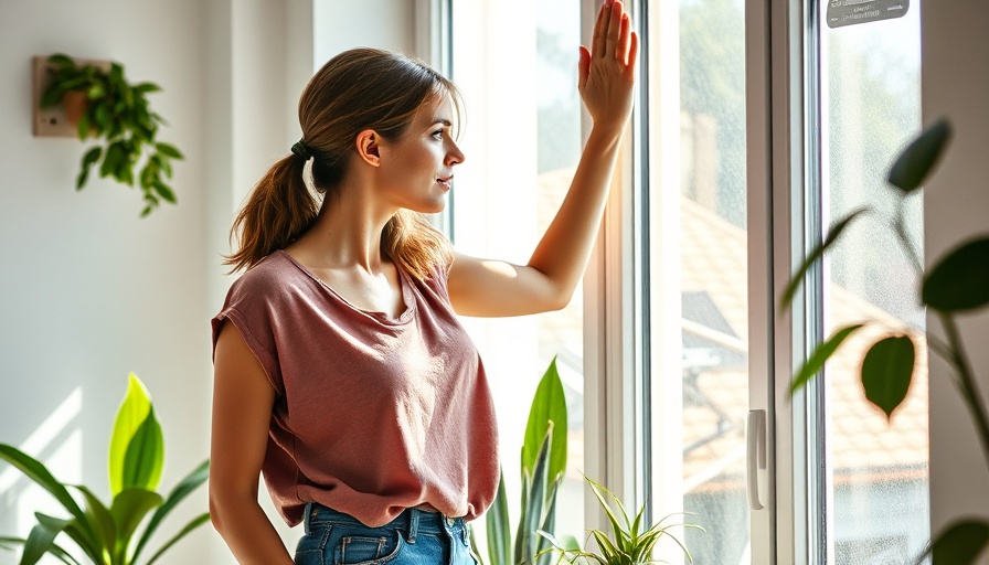 Cleaning a window in a bright, plant-filled room.