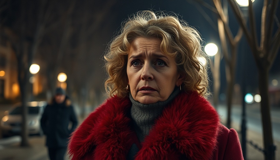 Middle-aged woman outdoors at night, looking concerned, cinematic scene.