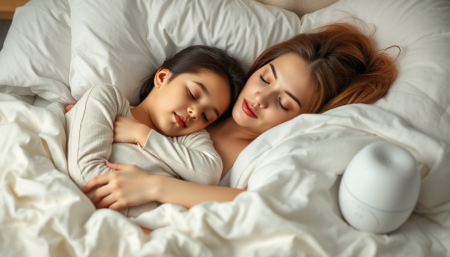 Mother and baby sleeping with mini white noise machine soothing them