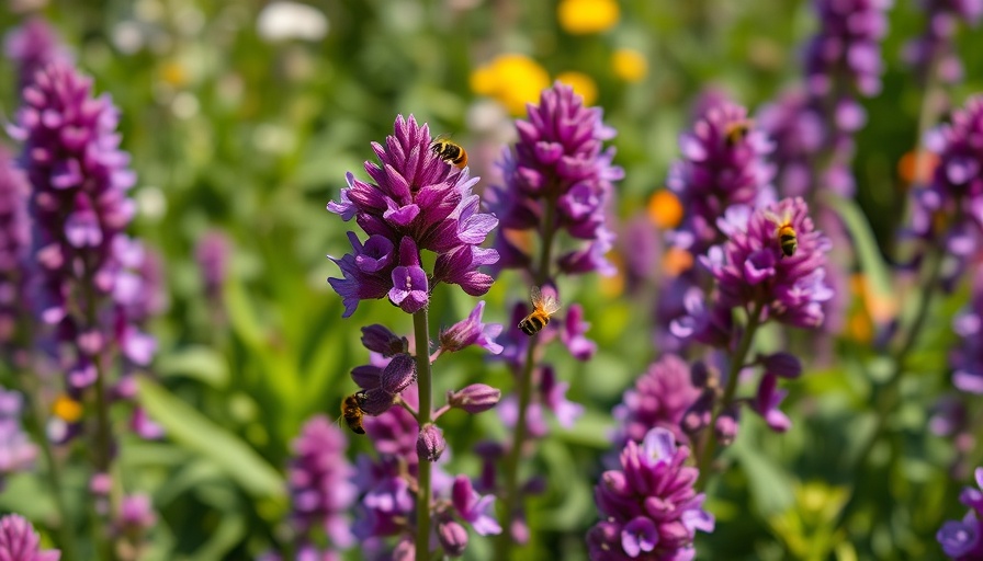 Purple hyssop flowers in a sunny garden with pollinating bees.