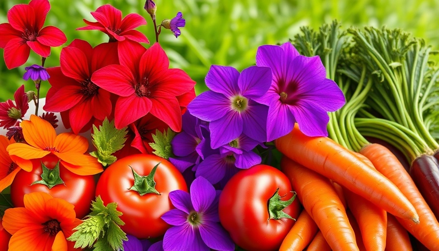 Vibrant flowers and vegetables collage, promoting flowers for vegetable gardens.