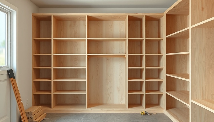 DIY wooden shelves in a walk-in closet under construction.