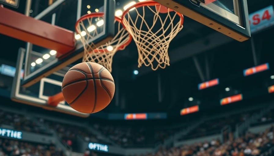 Basketball nearing hoop in stadium, dim lighting.