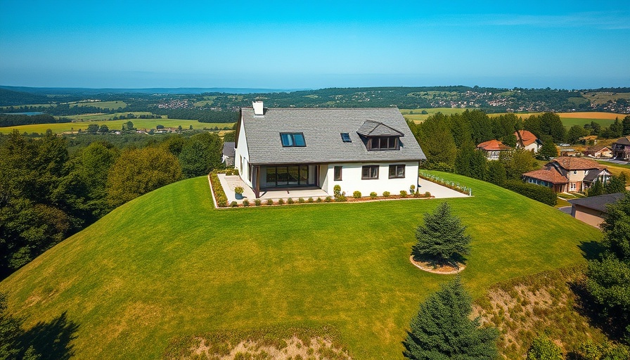 Modern house with gray roof on green hill, scenic view.