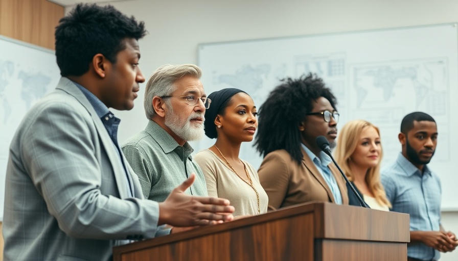 Diverse group discussing predatory real estate practices indoors.